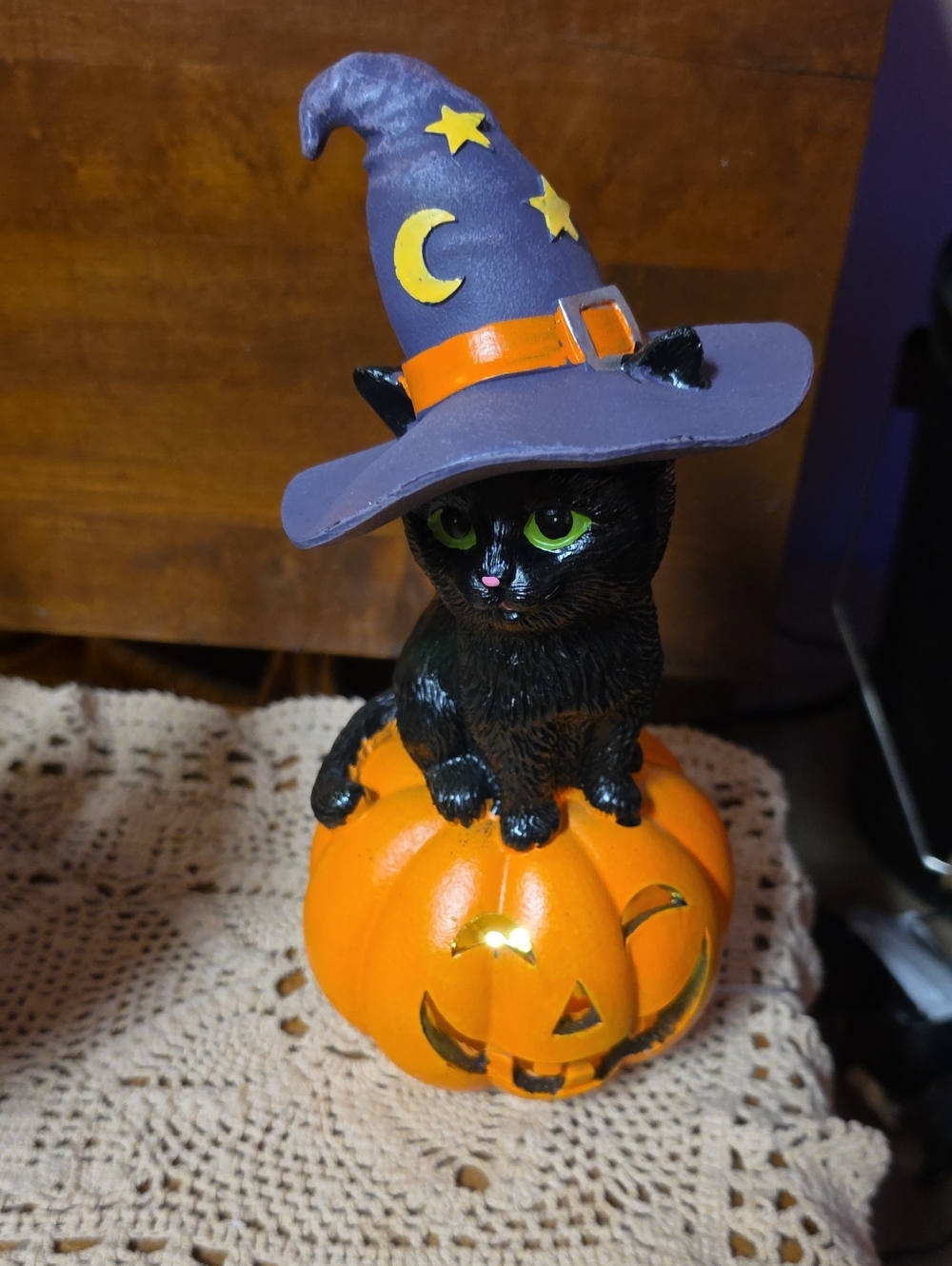 Ceramic Halloween Black Cat Figurine with Purple Witch Hat and Orange Pumpkin